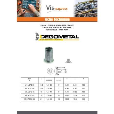 Écrou à Sertir Cranté Tête Fraisée TF M5X13.5 ACFC 40 Acier Zingué Conditionnement: Unitaire 2 Écrou à Sertir Cranté Tête Fraisée TF M5X13.5 ACFC 40 Acier Zingué Conditionnement: Unitaire – Image 2